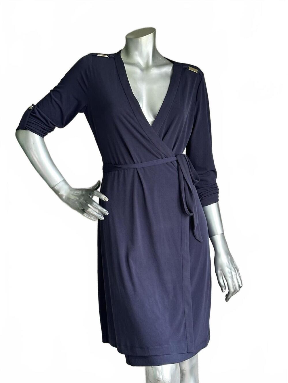 Calvin Klein Wrap Dress In Navy With Gold Accents Size 10